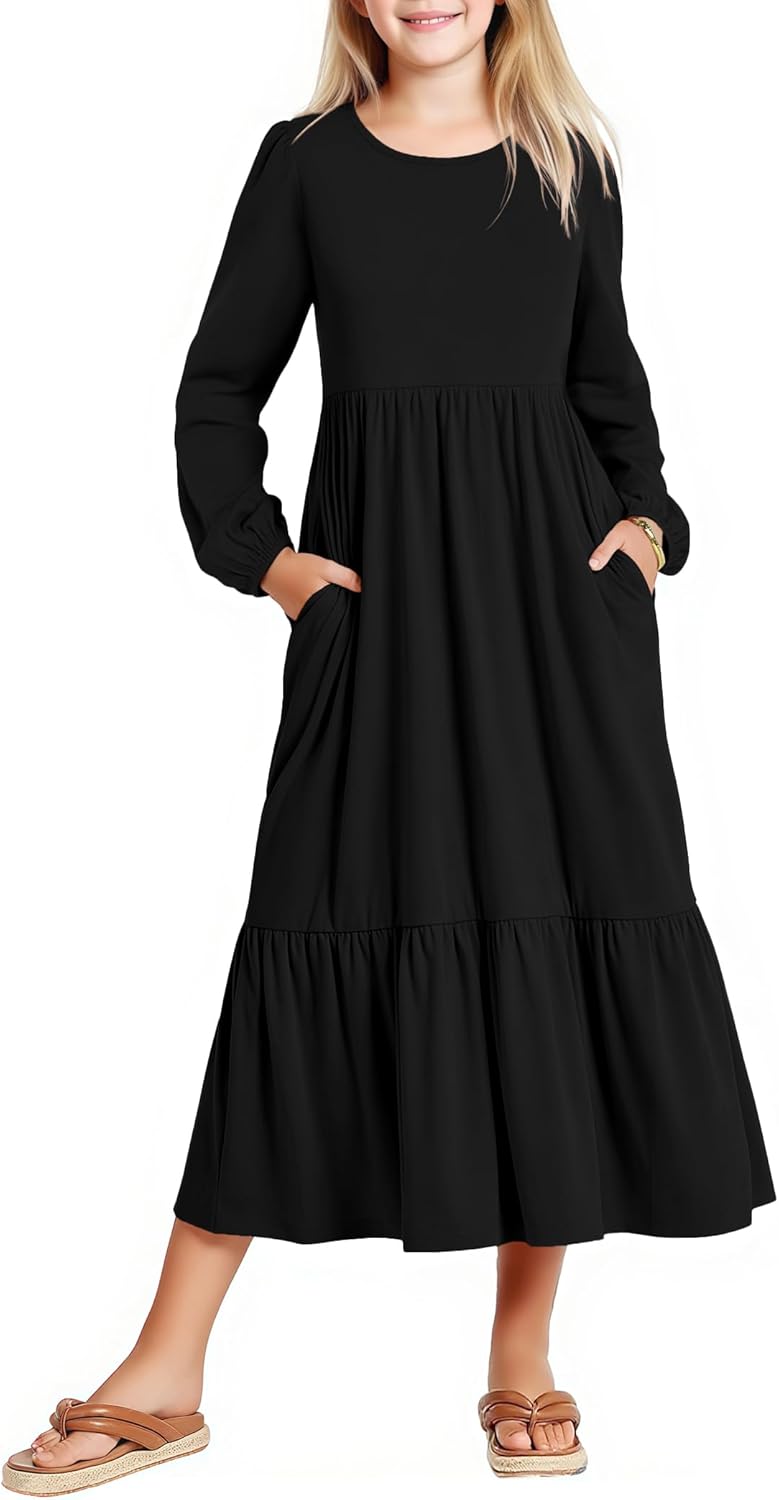 Arshiner Girls Maxi Dresses Lantern Long Sleeve Casual Holiday Dress with Pockets for 5-14 Y