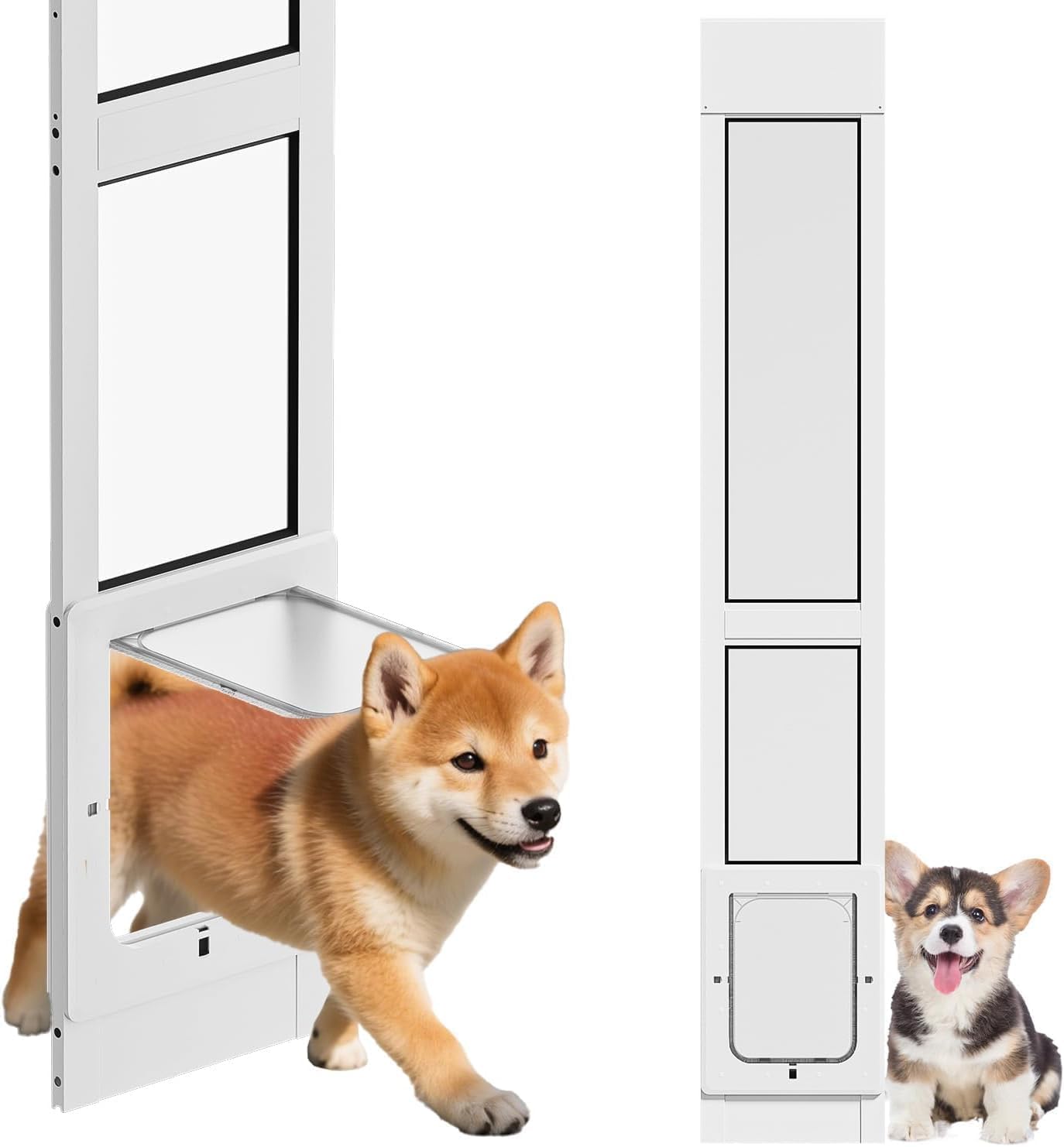Dog Door for Sliding Glass Door, Magnetic Plastic Flap, Adjustable Height, No-Cut Insert with Lock, Ideal for Renters, Apartments, Patio White M