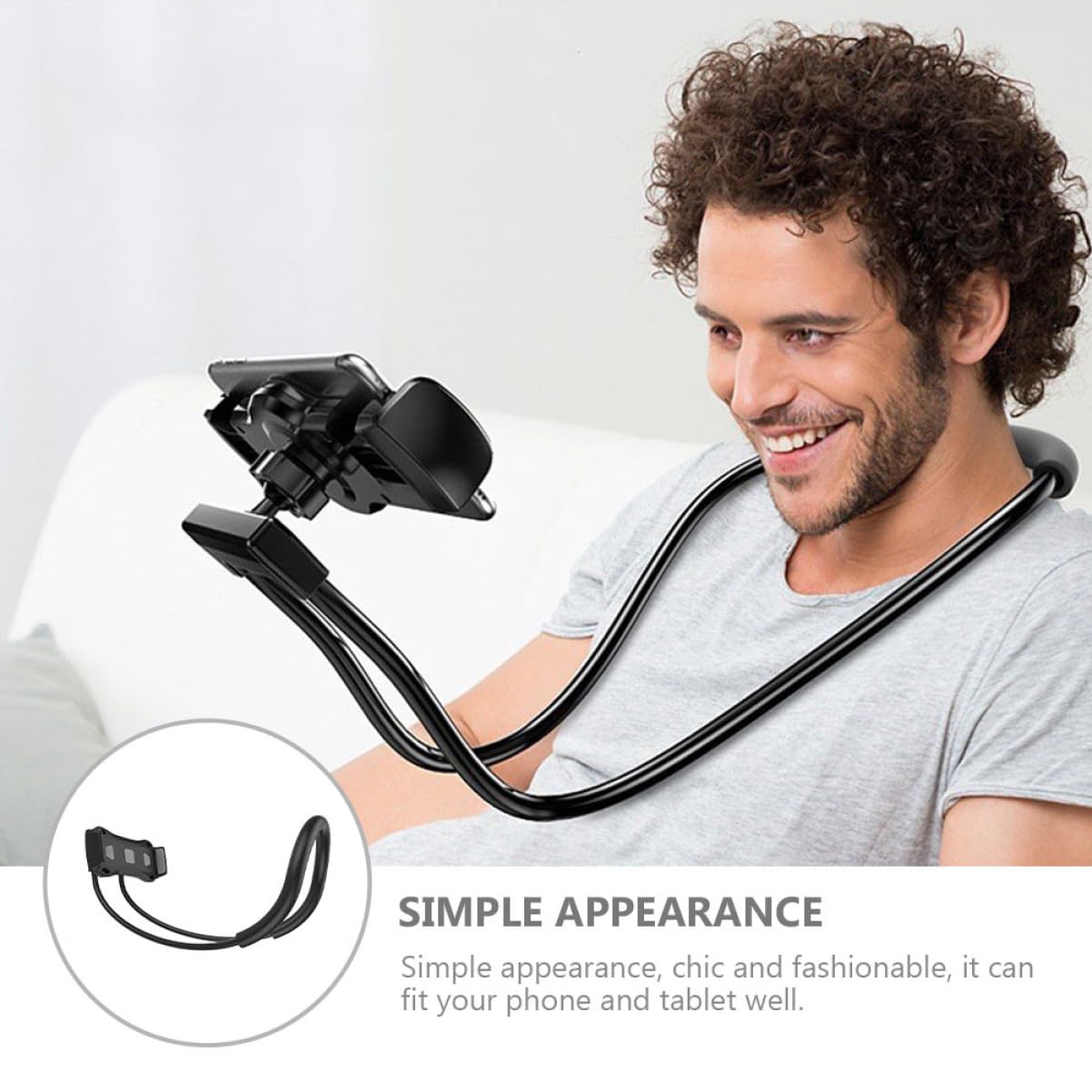 Soporte para Móvil y Tableta Colgante para Cuello, Brazo Flexible Ajustable, Espuma Antideslizante, Compatible Teléfonos Domésticos, Color Negro, Compacto y Portátil