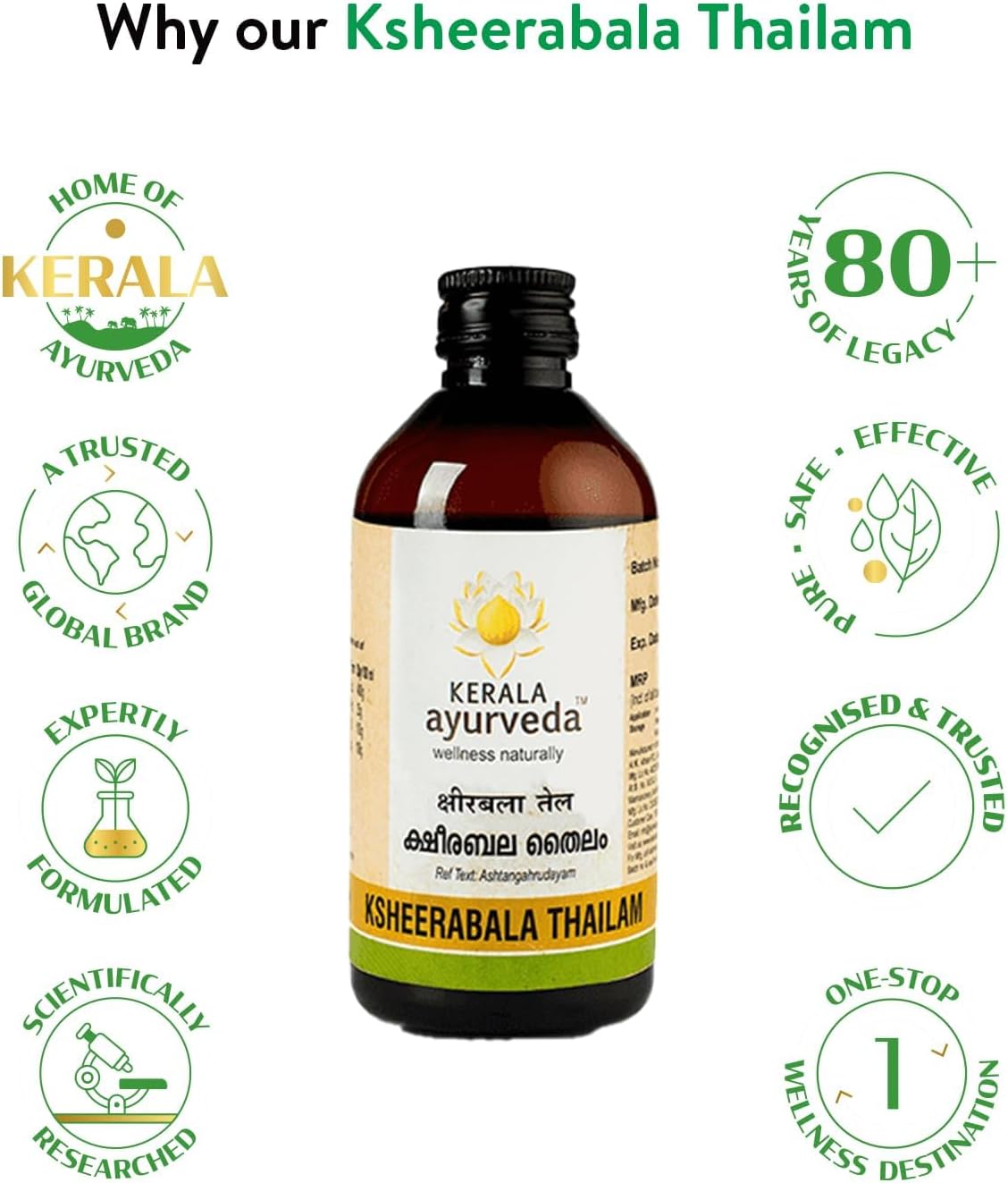 KeralaAyurved Ksheerabala Thailam | Foot Massage Oil with Bala & Cow’s Milk in Sesame Oil | Relaxation, Destress | Herbal | A Soothing Blend to Support a Relaxing Experience (15.2 Fl Oz)