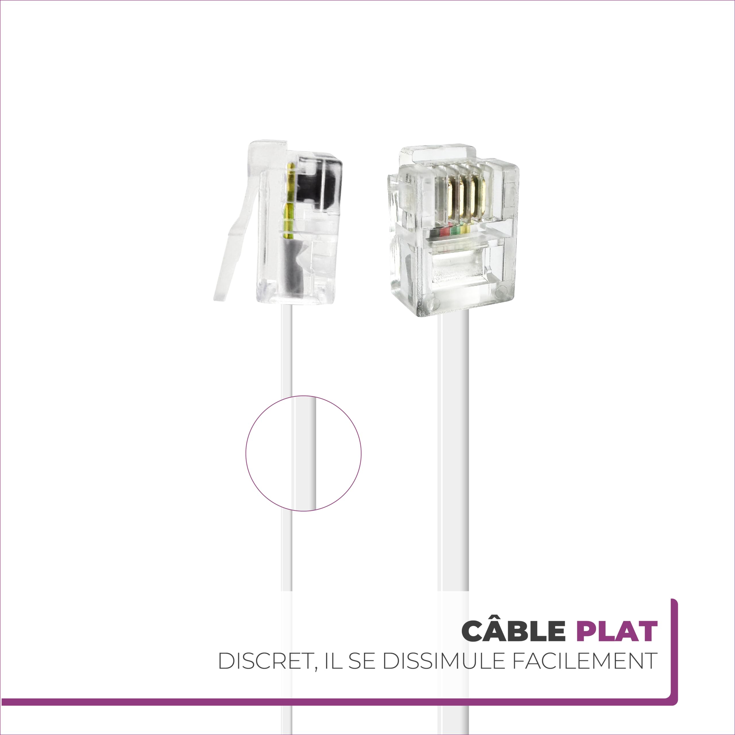 Câble ADSL RJ11 10M Cordon Téléphonique Modulaire 6P4C Plat ISDN DSL VDSL Blanc