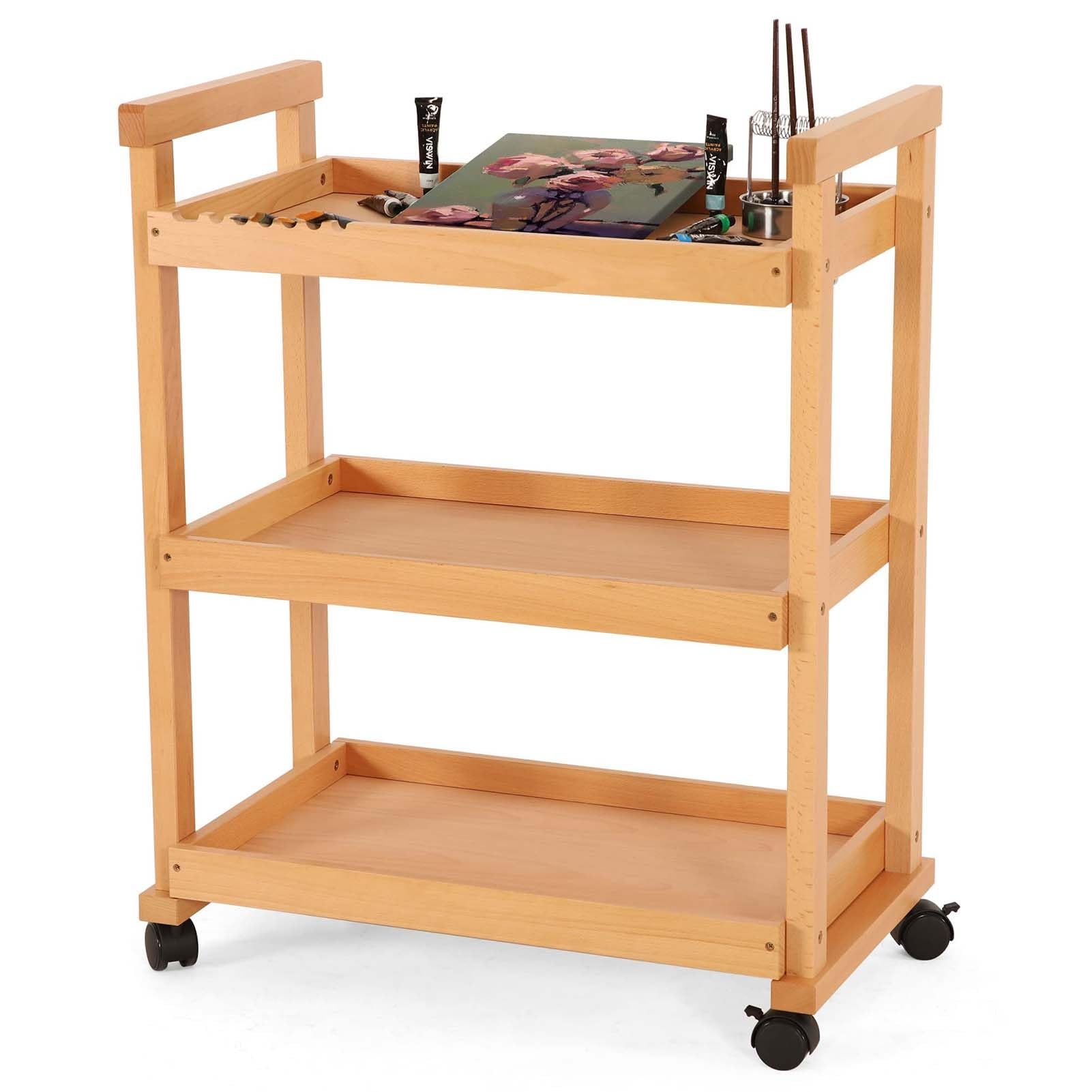 89 Cm Organizer Na Przybory Artystyczne, Solidny Organizer Z Drewna Bukowego Z 4 Kółkami, Wielofunkcyjny Wózek Narzędziowy Na Kółkach Do Pracowni, Klasy, Dla Artystów, Naturalny