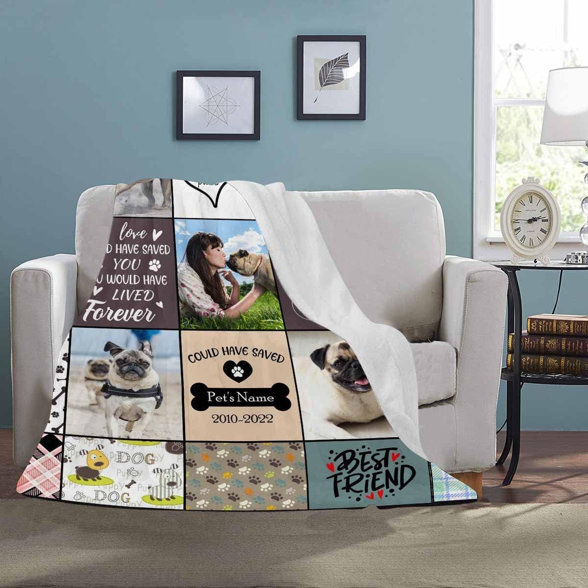 Personlaized Blanket Pictures Collage in Loving Memory Leave Paw Prints on My Heart Pet Loss Sympathy Memorial Dog Remembrance Soft Bed Blanket Throws