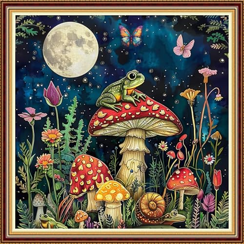 Image of Fanxvivy Stamped Counted Cross Stitch Kits for Adults Printed Cross-Stitch Patterns 11CT Stamped or Counted Cross Stitching Embroidery Kit Needlepoint Kits-Moonlit Frog 18x18 inch