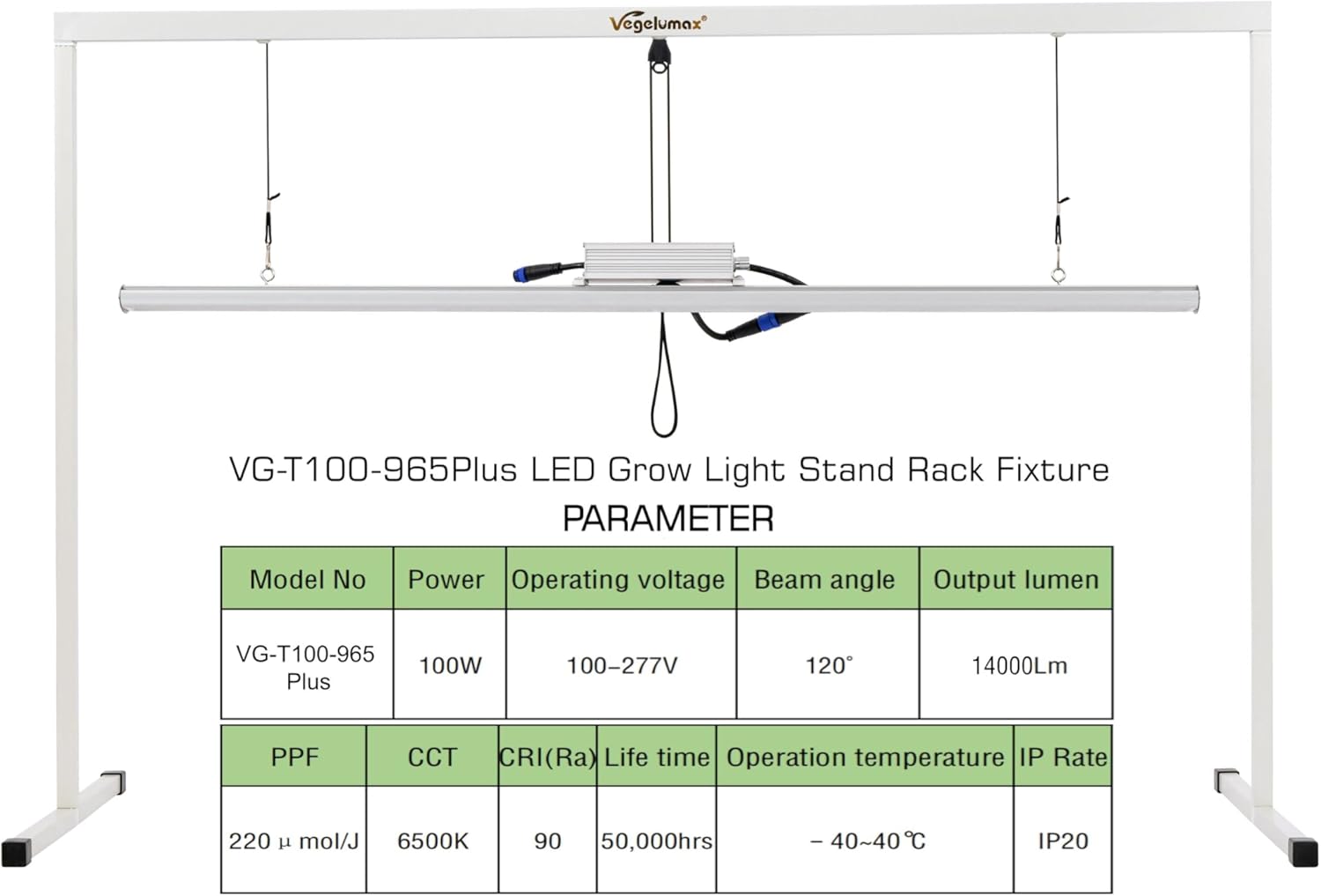 4FT 100W LED Grow Lamp Fixture for Plant Germination Vege Flower Growth,Full Spectrum CRI90+ White Light CCT6500K,Isolated Dimming Power with On/Off Switch,Two Rack Height Modes Adjustable
