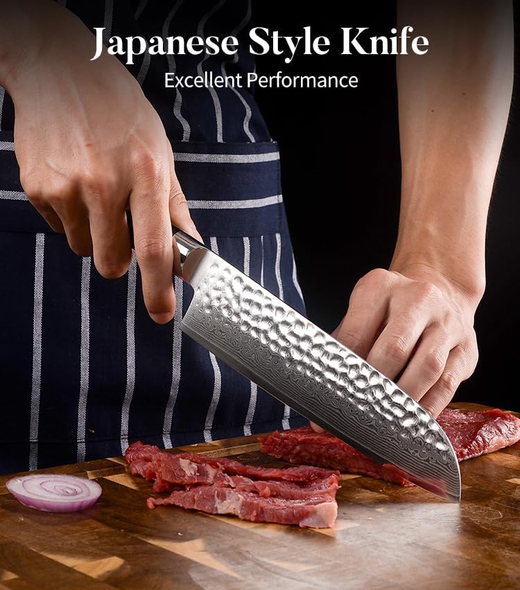 Miniatura 2 de AMSZL Cuchillo de chef japonés Santoku, cuchillo japonés VG10 de acero de Damasco de 7 pulgadas, cuchillo de cocina profesional afilado, forjado
