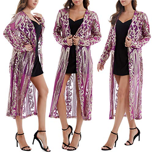 Women's Sequin Cardigan Summer Cover Up Dress Glitter Sparkle Open Front Coat Dresses Duster for Evening Prom(5XL,Purple)