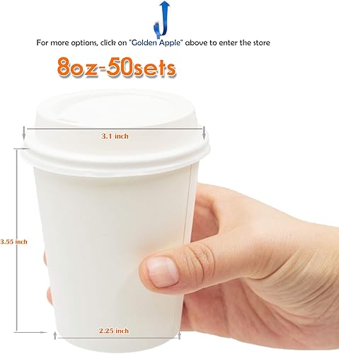 Vista 2 de Golden Apple, Tazas de café de papel desechables de 8 oz. Tazas y tapas Cantidad 50 tazas por paquete. Perfecto para bebidas calientes o frías sobre