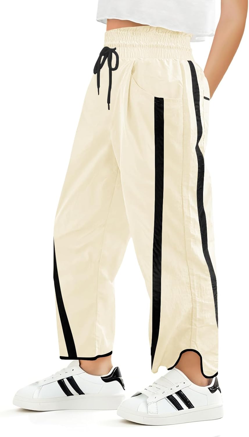 Haloumoning Girls Baggy Wide Leg Pants Kids Striped Elastic Waist Parachute Track Pants with Pockets 5-14 Years