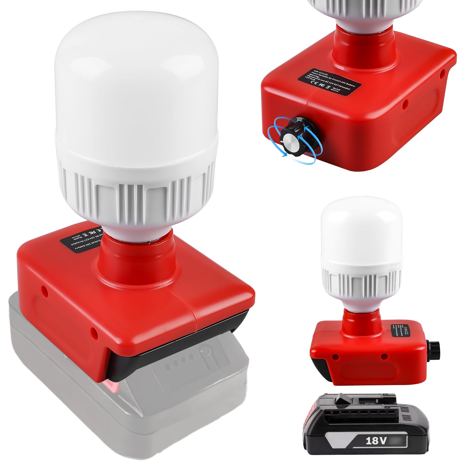 Lámpara con batería para Einhell de 18 V, batería: 12 W, lámpara de trabajo con bombillas E27, foco LED ajustable de 150 a 1300 lm, foco LED para camping, emergencias