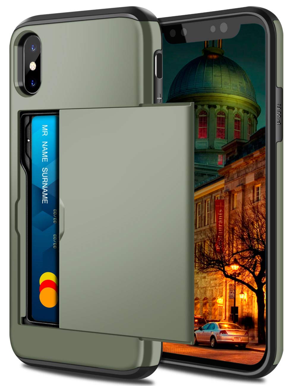 Coolden for iPhone XS Case iPhone X Case Wallet Cover Shockproof Protective Heavy Duty Hard Back Rubber Bumper Phone Card Holder Slot Wallet Cover for iPhone X/XS (Army Green)