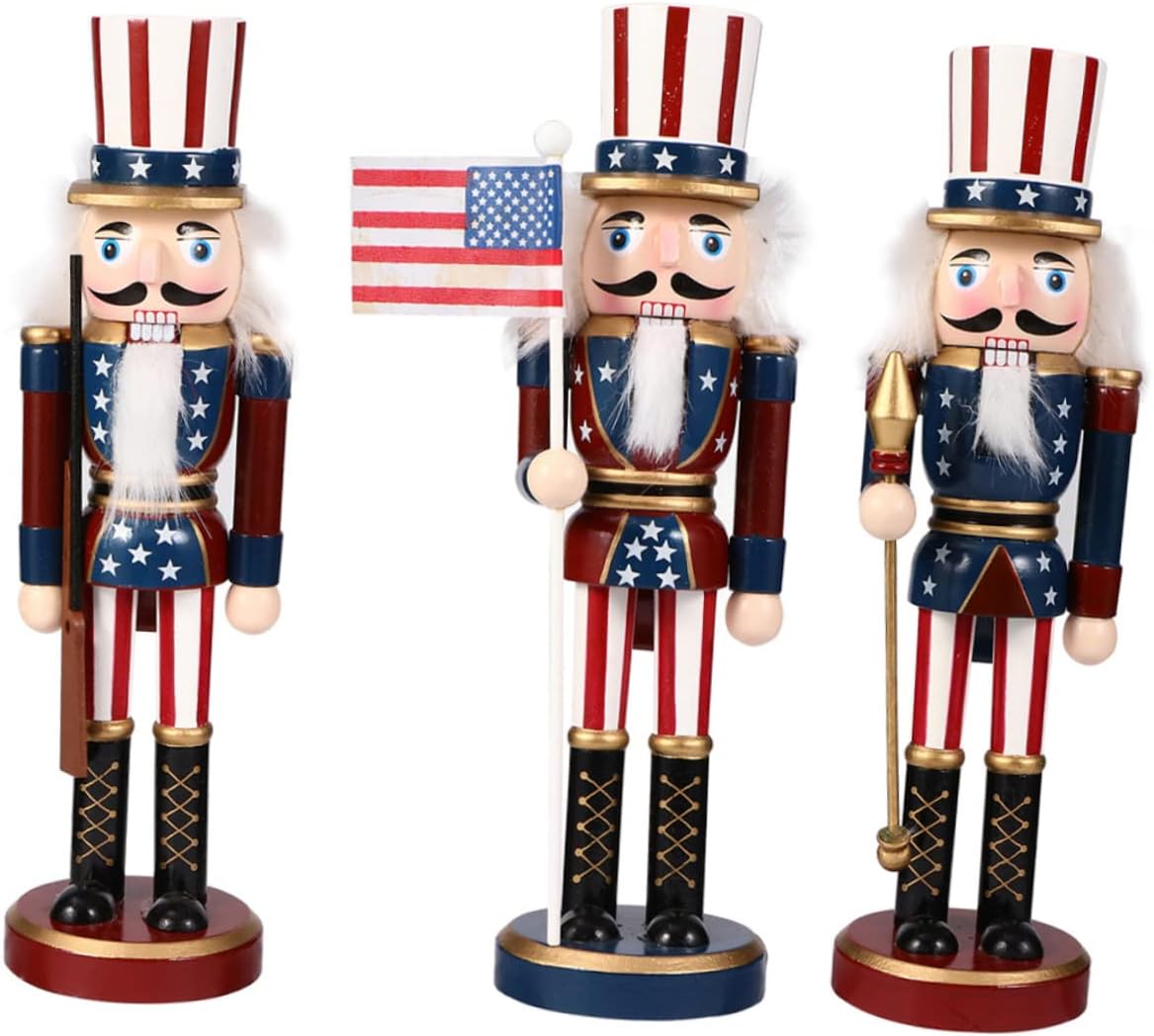 MAGICLULU 3pcs Nutcracker Soldiers Independence Day Decor Patriotic Fourth of July Party Ornament with Flag Gun and Scepter for Home Desktop Display