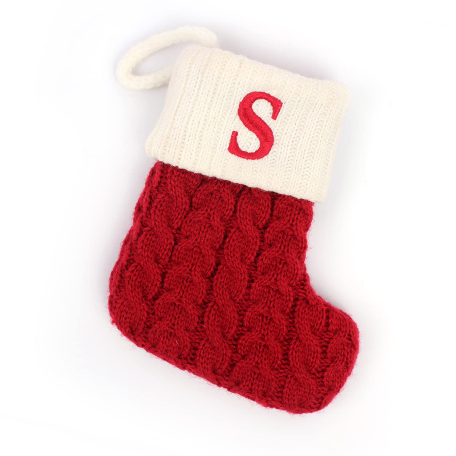 Initial Letter Christmas Stocking White Snowflake Knitted Christmas Tree Stockings Decorative Sock Hanging Ornament for Mantel Fireplace (Red S, 7inch)