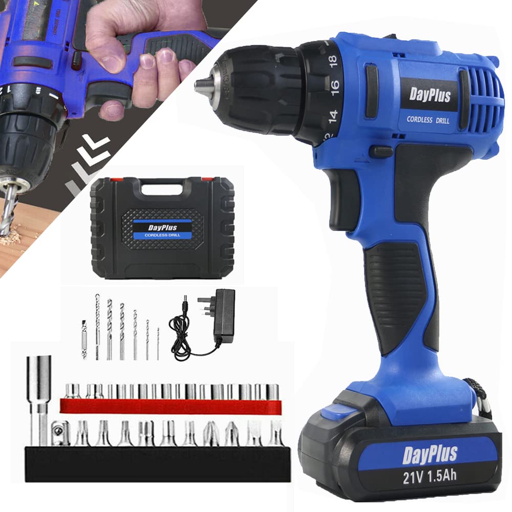 Siky Blue Cordless Drill 21V Cordless Drill Driver Set - 18+1 Torque Setting, Dual Speed, Led Worklight, 29 Combi Accessory Kit
