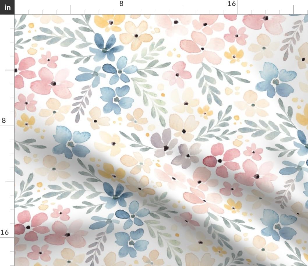 Spoonflower Fabric - Whimsical Floral Watercolor Flowers Nature Botanical Pink Blue Pastel Printed on Petal Signature Cotton Fabric Fat Quarter - Sewing Quilting Apparel Crafts Decor