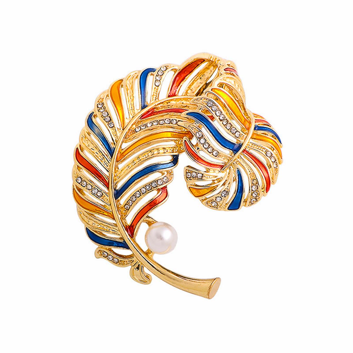 Colorful Feather Brooch Pin with Crystal Rhinestones Pearl Gold-Tone Blue Orange Yellow Brooch Pin