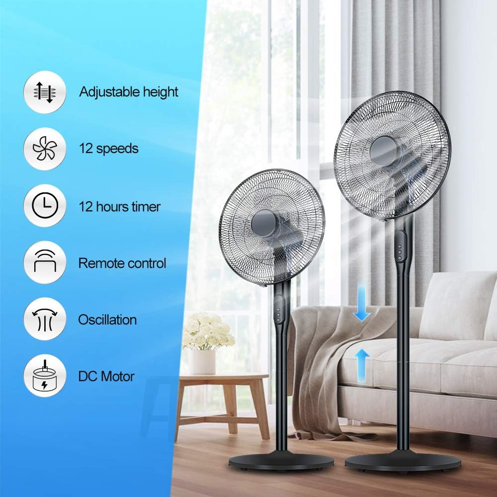 Pedestal Fan - Oscillating Standing Fan with Remote Built-in Powerful 12 Speed Settings and Timer - Adjustable Height and Tilt - Quiet DC Motor Stand Floor Fan for Bedroom and Home Office Use - Black