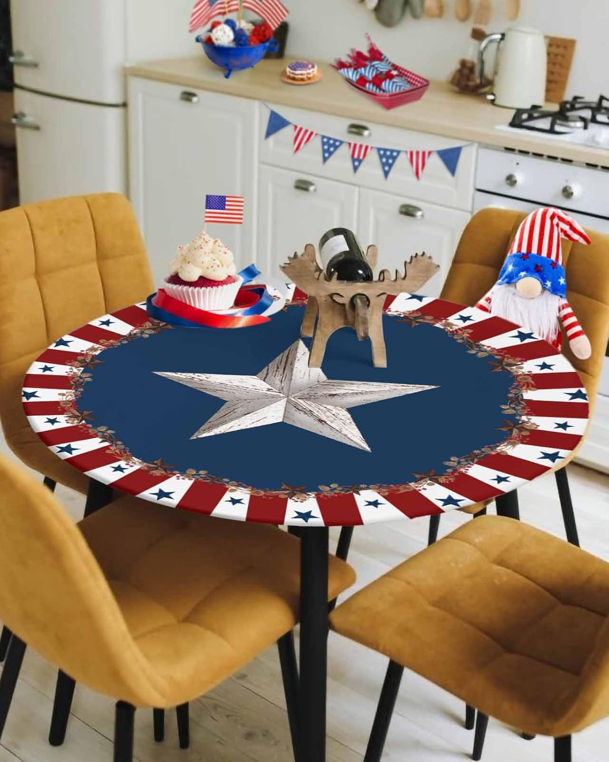 Fitted Round Tablecloths Table Covers 36-44in,Independence Day Patriotic Country Star Waterproof Elastic Edged Table Cloth for Kitchen Dining Holiday Party Tables Decor,Red Stripe Berry 44" (Round) Red image 2 of 6 B0F2S5PXD7