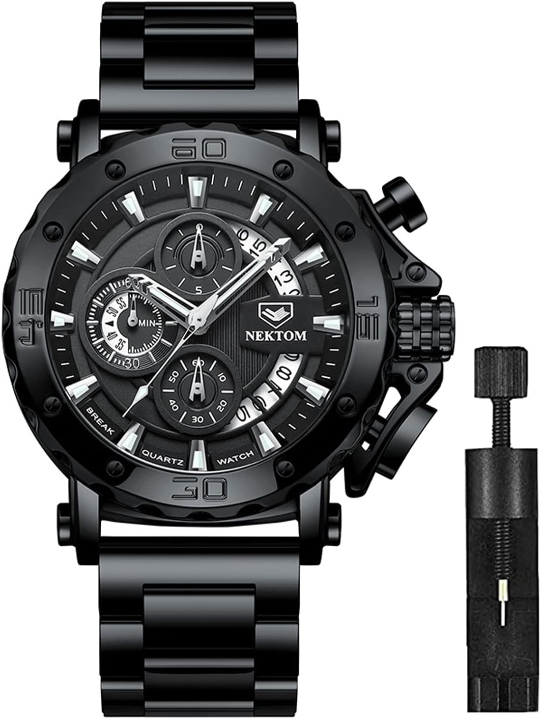 putouzip Military Sports Analog Quartz Watches for Men, Mens Stainless Steel Watch Classic Casual Dress Wristwatch Multi-Function Luminous Waterproof Chronograph Date