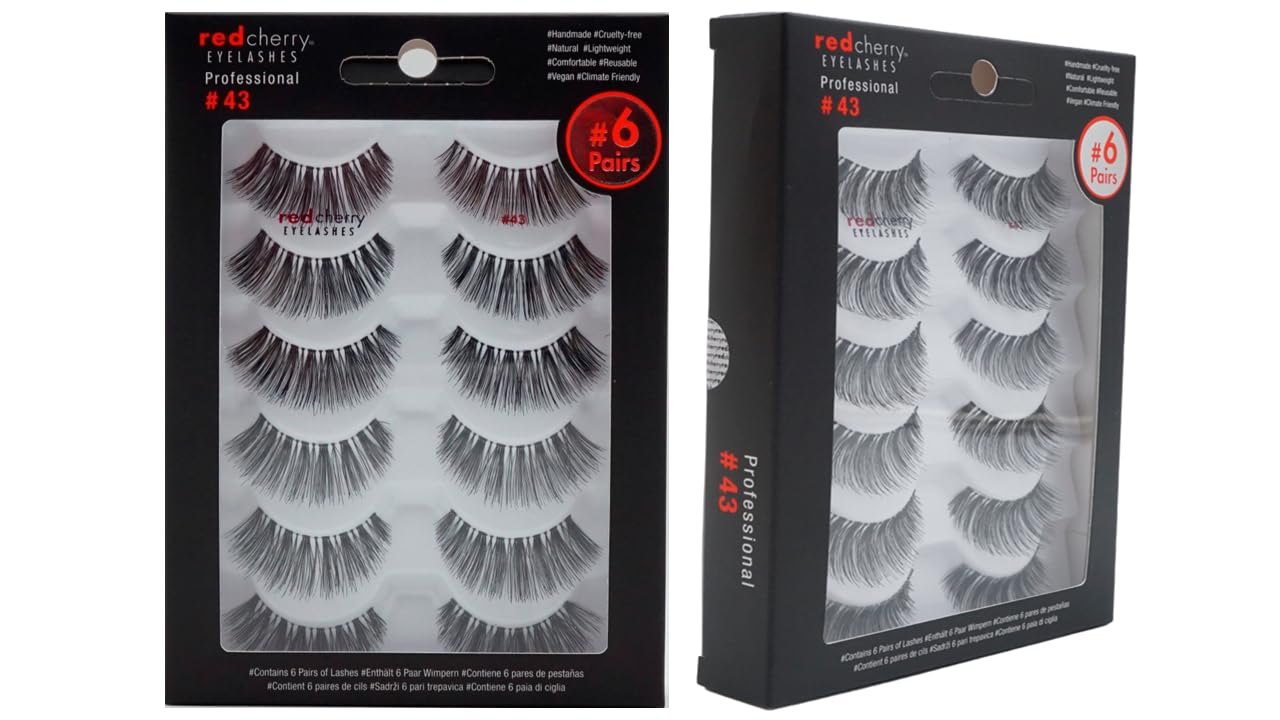 Red Cherry Eyelashes #43 False Eyelashes, 12 Pairs, Full Black, Handcrafted, Natural-Glamour Style, Cruelty-Free, Vegan