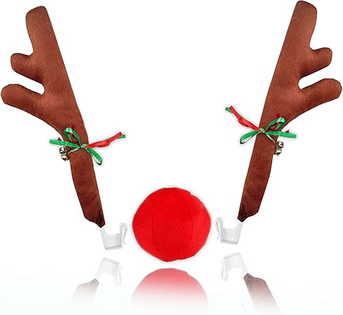 ZONETECH Juego de cuernos de reno y nariz de automóvil de Navidad, accesorio de Rudolph con cascabel, decoración de disfraz automotriz para