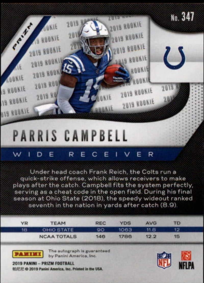 2019 Panini Prizm Neon Green Rookie Autograph #347 Parris Campbell RC AUTO Indianapolis Colts NFL Football Trading Card