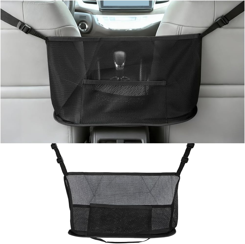 Car Net Pocket Handbag Holder, Vehicle Storage Organizer Between Front Seats for Phone Purse, Automotive Interior Driver Netting Pouch Accessories, Universal for SUV Truck RV (Black)