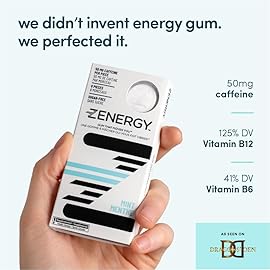 ZENERGY Energy Gum - Mint Flavor | 50mg Caffeine + 35% B6 and 45% B12 Vitamin | Vegan, 0 Sugar, 0 Calories, 0 Gluten, 0 Aspartame, Non-GMO, Instant Action | 3 Pack = 24 Count