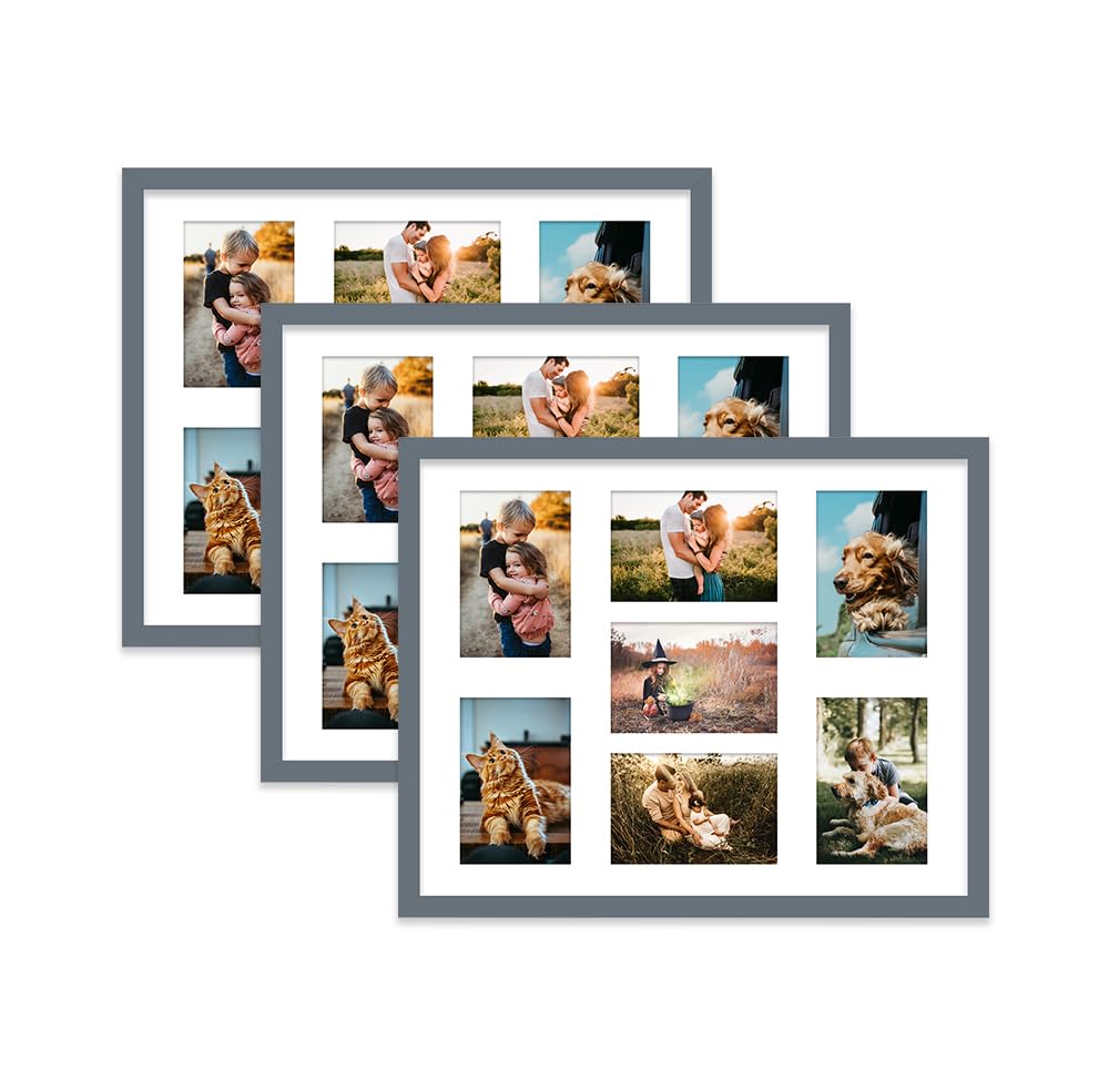 Grey Multi Photo Frame - Holds 7 x 6x4 Pictures, Family Collage Picture Frame for Wall Display, 20x16 Frame size, Set of 3