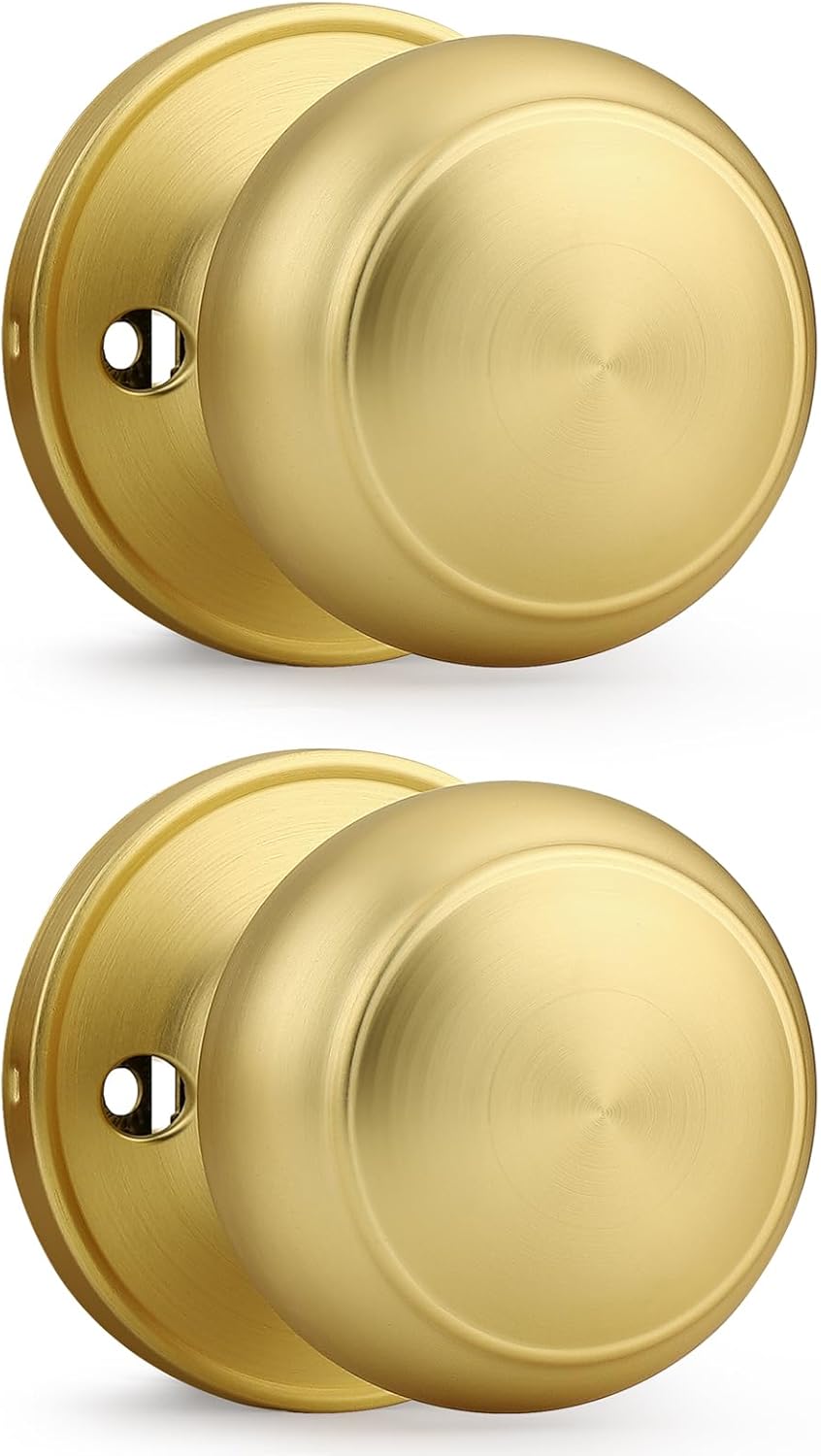 Probrico Gold Door Knob One Side 2 Pack, Fake Door Handles Dummy Function for Closet French Doors, Brushed Brass Finish Inactive Levers, Flat Ball Knob