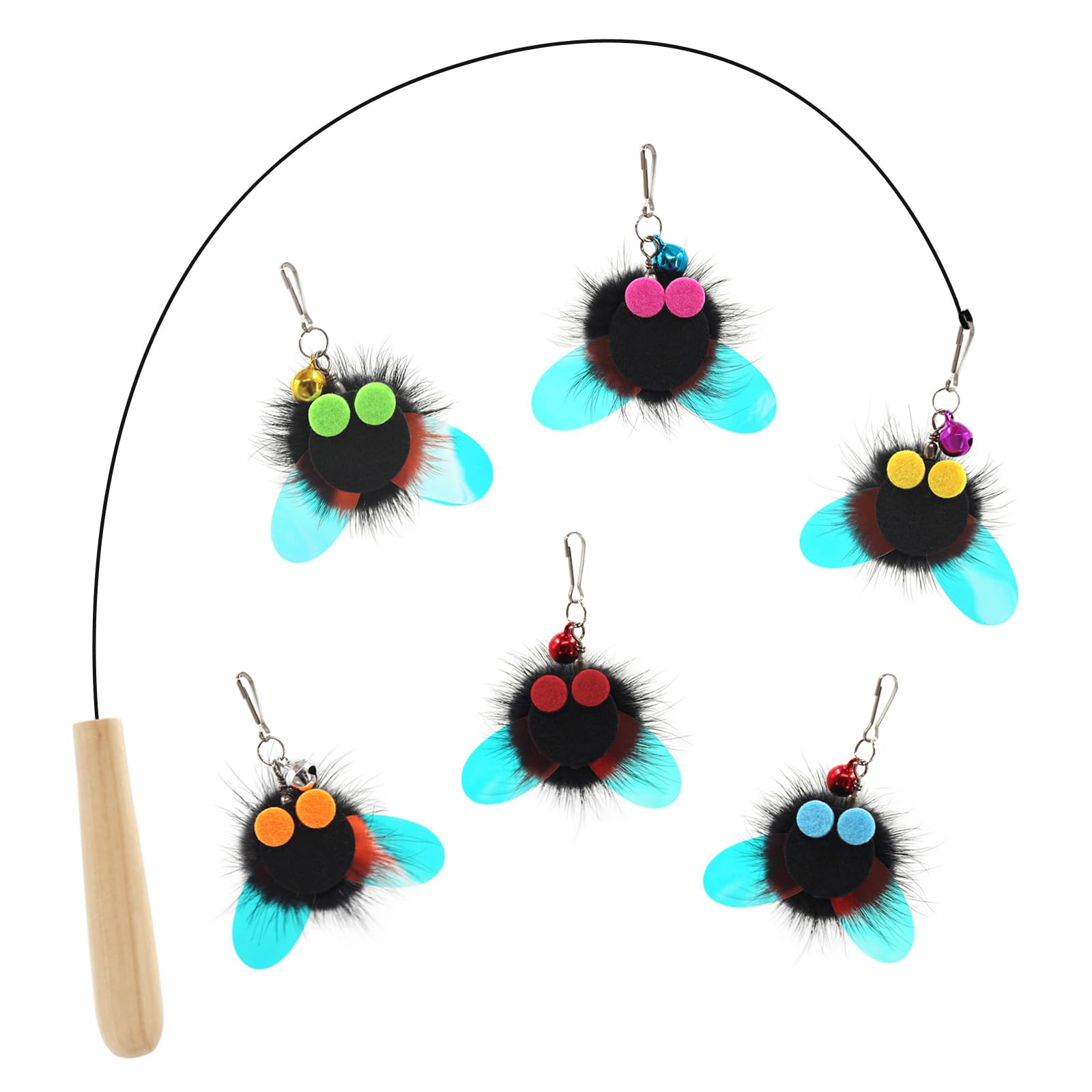 SONGWAY Cat Teaser Wand Worm - 7 Pcs Cat Toys Set with Cat Wand and 6 Insect Shaped Furry Toy Refills with Bell, Interactive Cat Toy Stick for Indoor Cat Kitten Exercise Playing