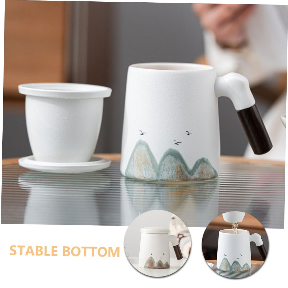 PRETYZOOM Tasse à Thé Grosse Tasse à Café en Céramique pour Infusion avec Infuseur et Couvercle en Bois avec Filtre Intégré pour Bureau et Maison