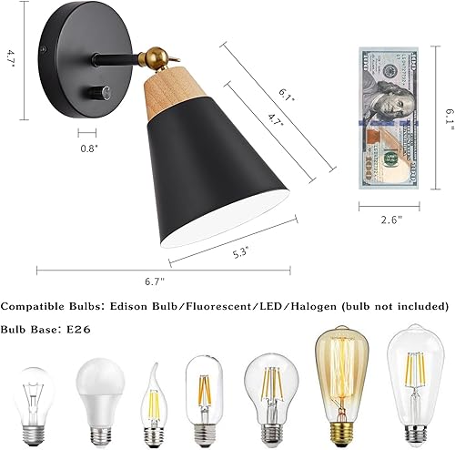 Miniatura 2 de Wall Sconce Set of 2, Wall Sconce Lighting Fixture with Metal Shade, Rotary Switch, Indoor Decor Wall Mount Swing Arm Lamp for