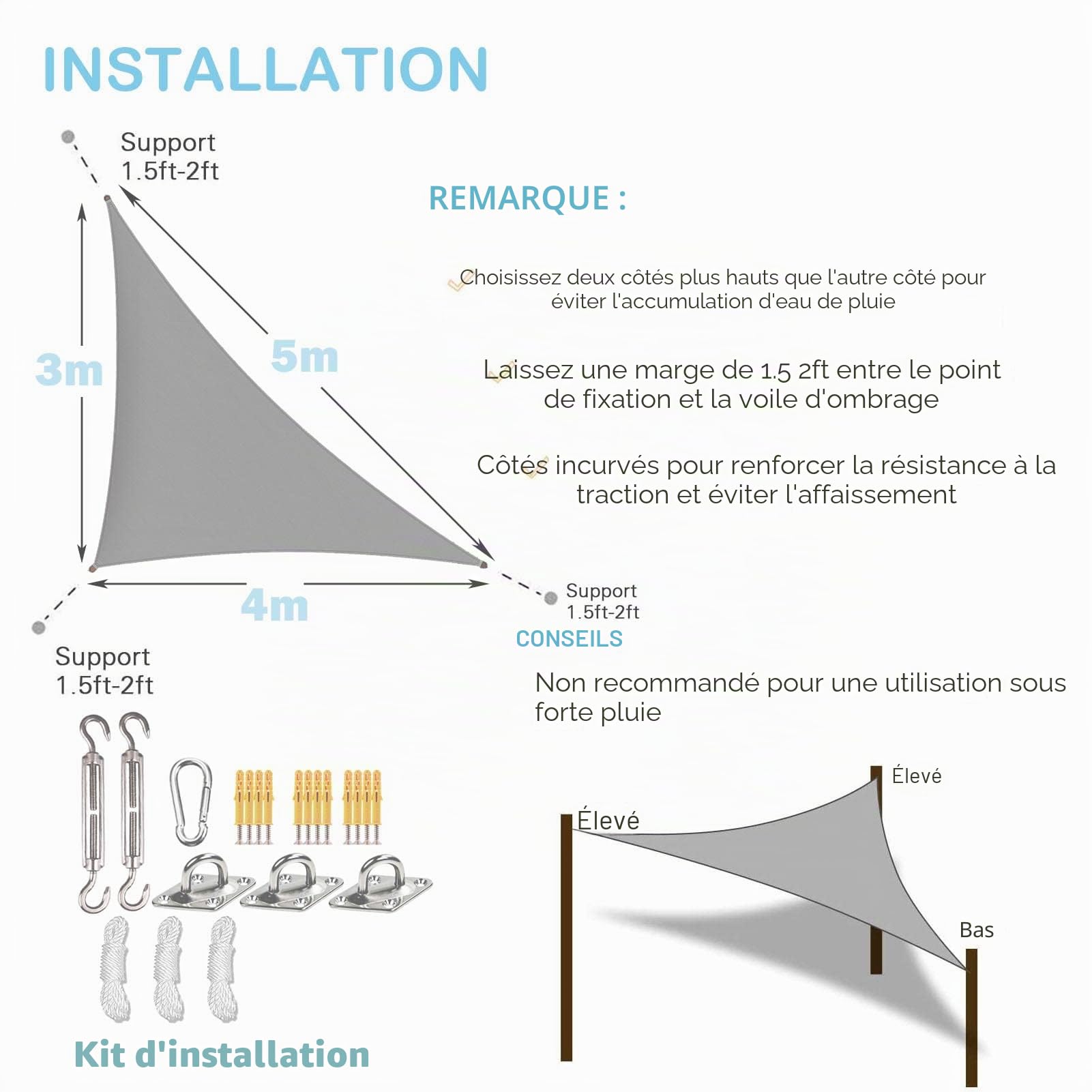 Voile d'ombre triangulaire 3x4x5m, kit de fixation, polyester PES, imperméable, cordes de fixation, protection solaire balcon-jardin-terrasse