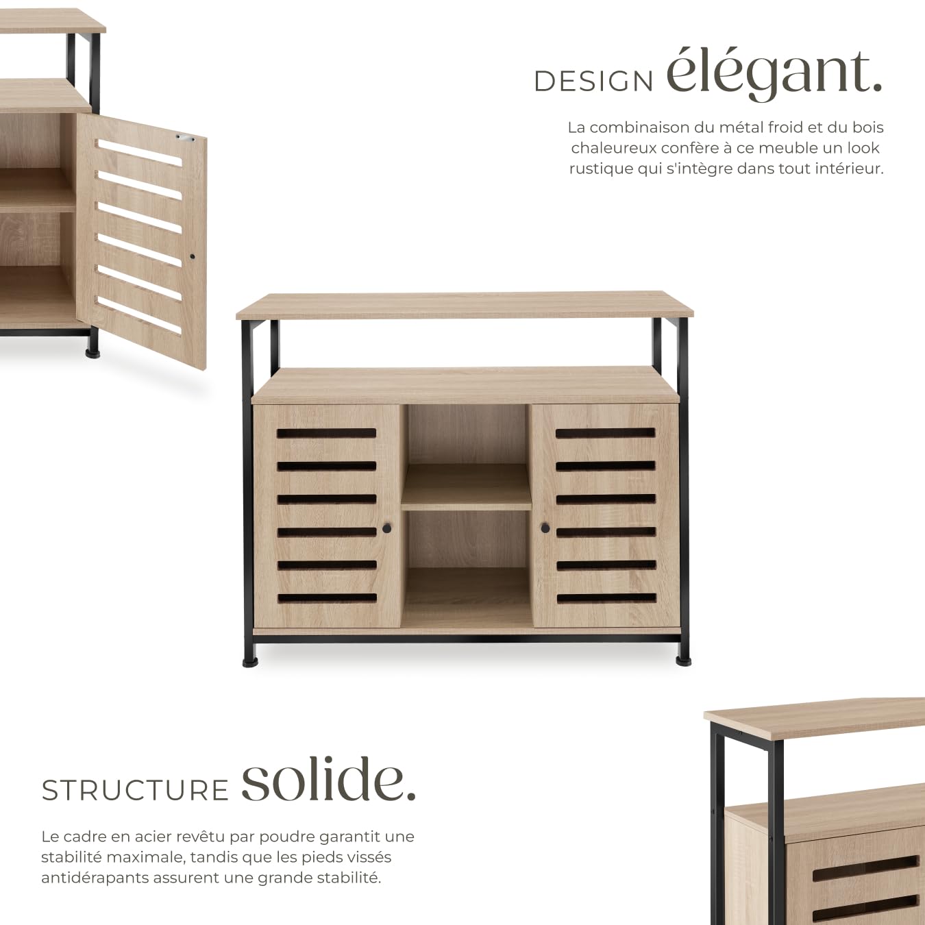 tectake® Buffet 100 x 37 x 82 cm, Meuble de rangement au Style industriel, Portes et Étagères, Buffet salle a manger, Rangement cuisine, Meuble de rangement salon, Vaisselier, Meuble salon, Bois clair