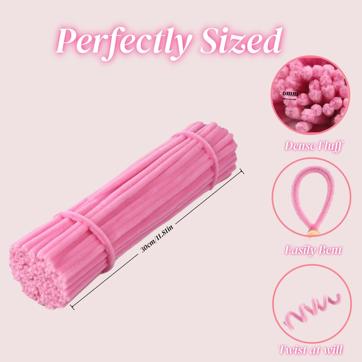Pipe Cleaners 200 Pcs, Hot Pink & Rose Pink Chenille Stems for Crafts, Thick Fluffy Pipe Cleaners for DIY Flowers, Animals & Decorations, Art Supplies (12" x 0.24")