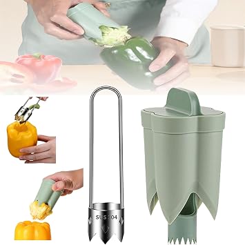 2 in 1 Pepper Seed Corer & Remover, Quickly Cutting & Deseeding Bell Pepper Tool Silver+Green, 2Pcs
