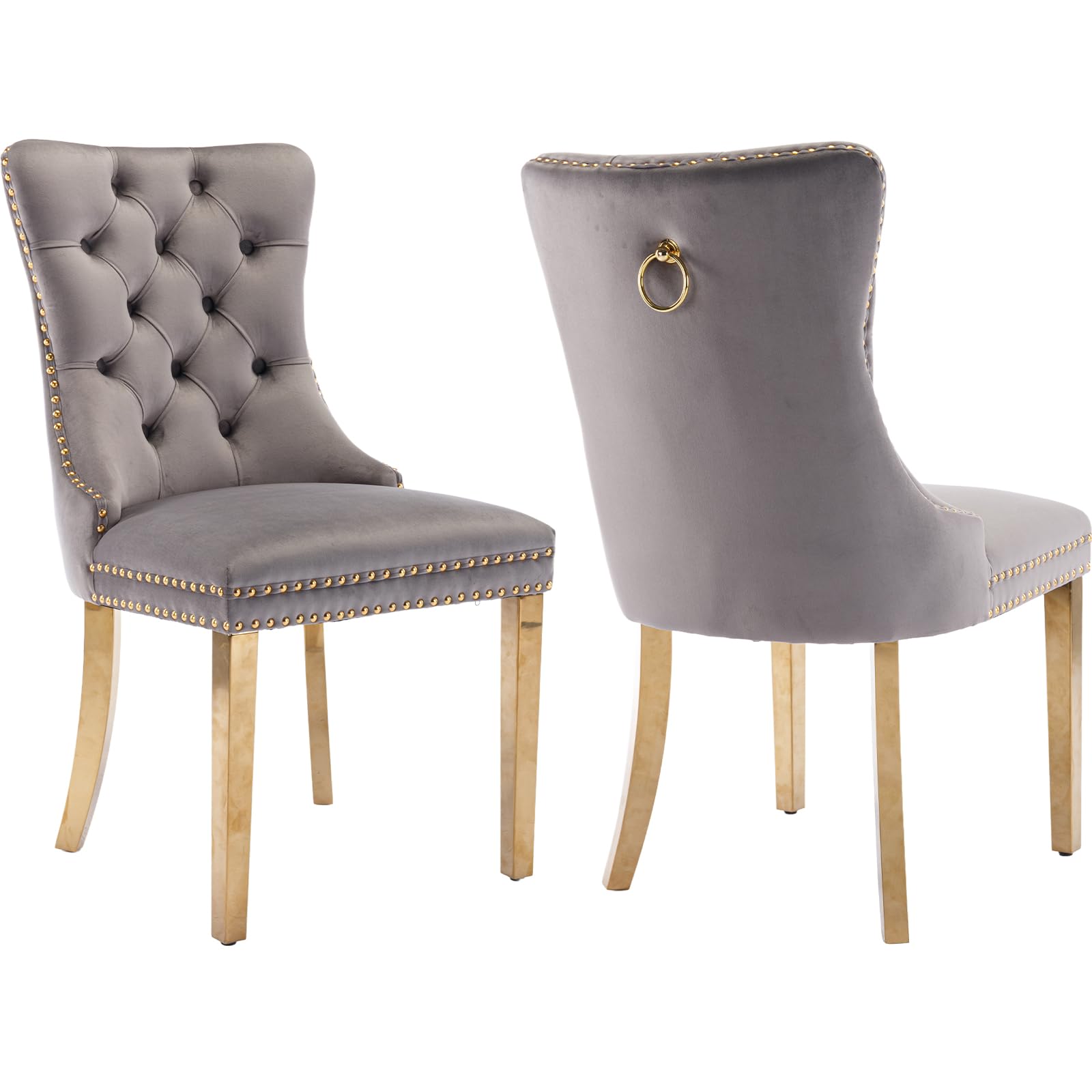 Mid Century Modern Dining Chairs Set of 2, Grey Velvet Upholstered Tufted Back, Kitchen & Dining Room Chairs, Gold Metal Legs, Nailhead Trim, Sillas para Comedor (Gray, 2 Pcs)