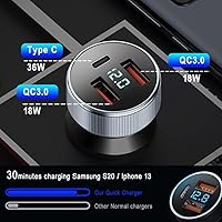 Vista 2 de Cargador de coche USB C de 72 W, 3 puertos 12 V cargador USB Dual QC3.0 y 36W PD adaptador de cargador de coche rápido de metal con voltímetro LED