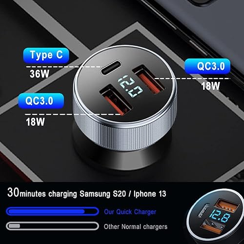 Miniatura 2 de Cargador de coche USB C de 72 W, 3 puertos 12 V cargador USB Dual QC3.0 y 36W PD adaptador de cargador de coche rápido de metal con voltímetro LED