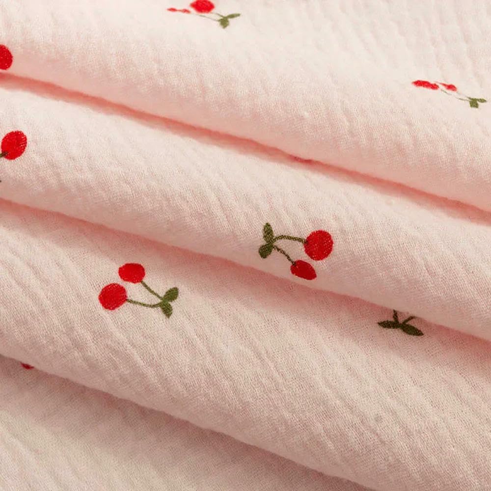 Tela de Gasa crepé de algodón de Doble Capa con Estampado de Cerezas para Pijamas, Vestidos, Ropa de casa y Ropa Interior (135 x 50/500 cm).