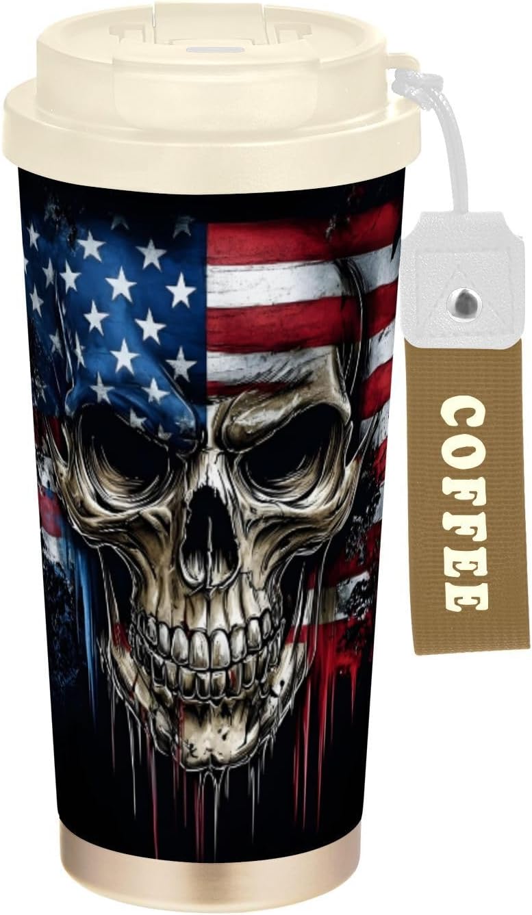 Skull America Flag Black Insulated Coffee Mug with Straw & Flip Lid, 16.9oz Iced Tumbler Cup, Double Wall Vacuum Leak-Proof Mug for Travel Office