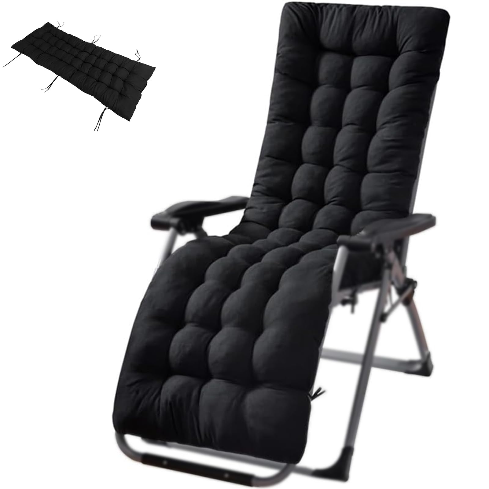 LSBIKE Garden Cushions Only, 10 * 170cm Thick Sunlounger Cushion for Furniture Outdoor Furniture with Anti-Slip Ties Top Cover, Long Sun Lounger Cushions for Patio Yard Beach, Grey (Black, 190cm)