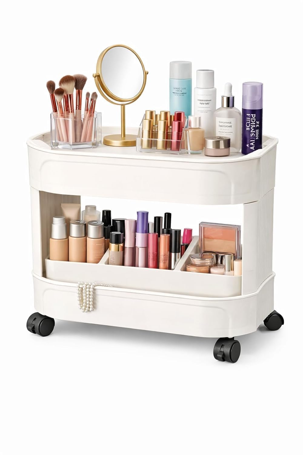 VBM 2-Tier Rolling Desk Organizer with Wheels, Countertop Storage Cart for Kitchen Spice Rack, Bathroom Vanity, Office Desk Mail Holder, Plastic Utility Shelf for Pantry, & Small Spaces 3