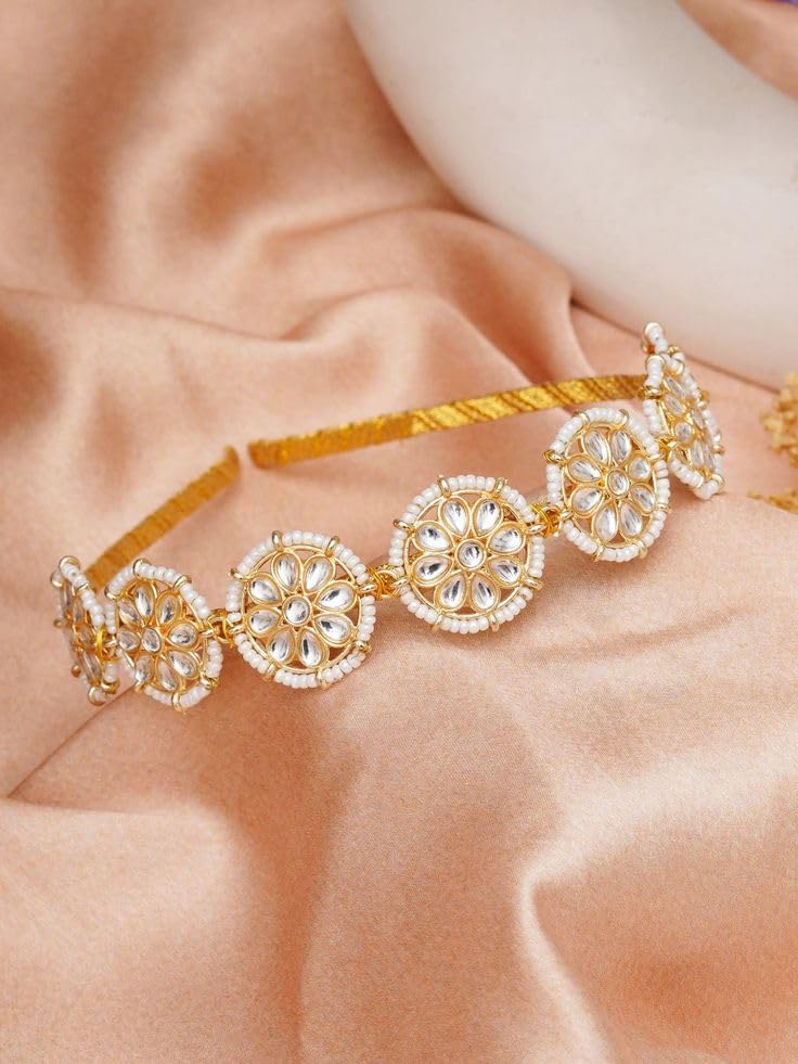 Floral Kundan Studded Matha Patti, Sheesh Patti, Wedding Hairband, Traditional Golden Headband, Hair Accessory Jewellery for Women and Girls, Trendy Hairband Maang Tikka for Women-image-36