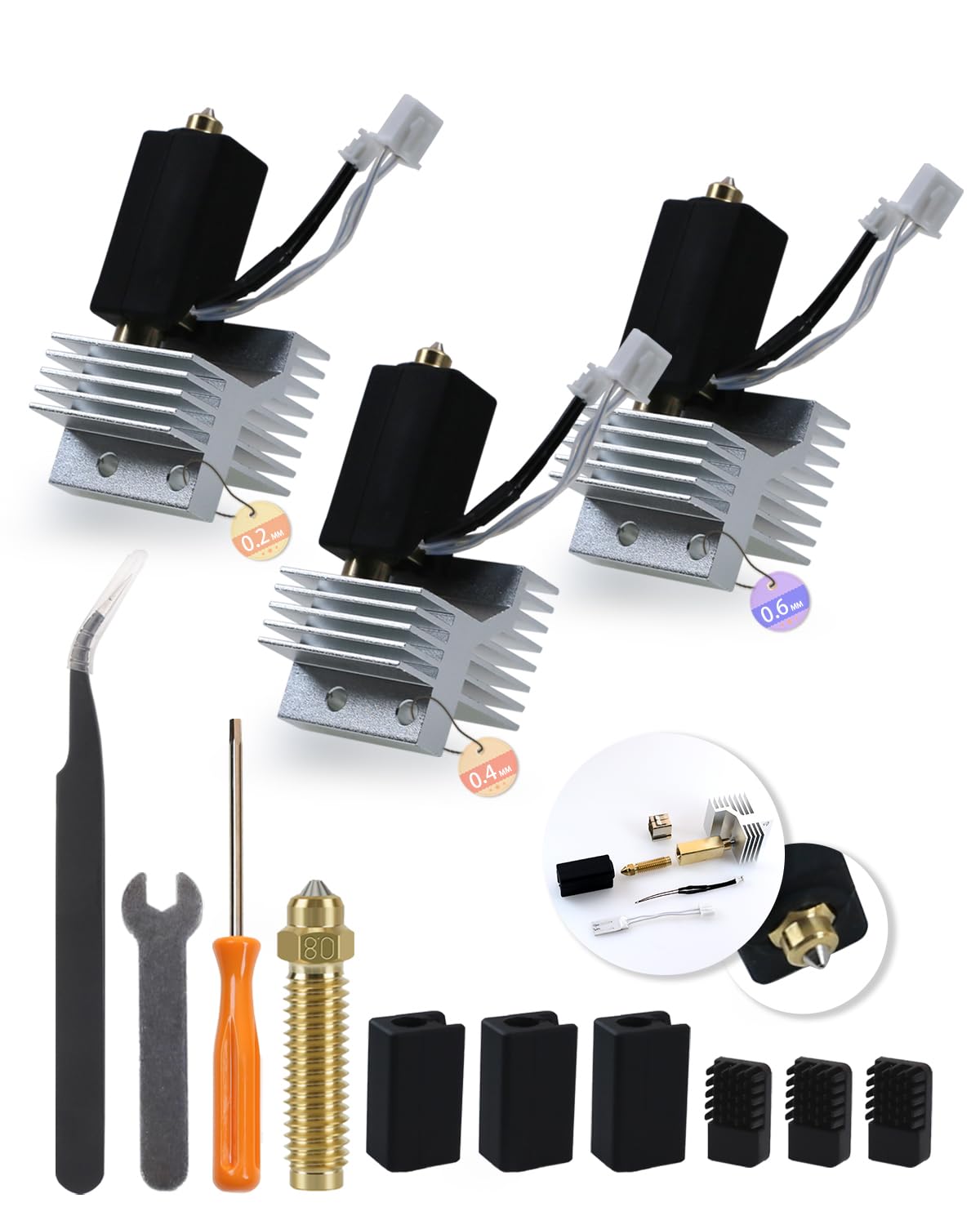 3Pack 0.2+0.4+0.6MM Upgrade Ceramic Hotend for Elegoo Centauri Carbon, Thermal Efficiency Increased by 15%, with 0.8MM Bimetallic Hardened Steel Nozzle Brush Silicone Socks and Kit Tools