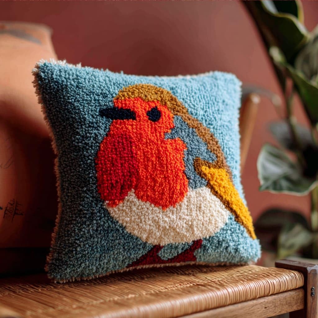 kitphoenix DIY Hand Crochet Pillow Kit,Robin 43X43Cm Aesthetic Knitted Cushion Making Material Set,Beginner Friendly with Full Tutorial, Stylish Room Home Decor