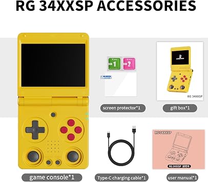 Anbernic RG34XXSP Retro Handheld Game Console RG34XX SP Retro Gaming Console with 64G Preloaded 5000+ Games,3300 mAh Battey, Portable Pocket Arcade Support 30+ Simulators 5G WiFi Bluetooth HD Yellow