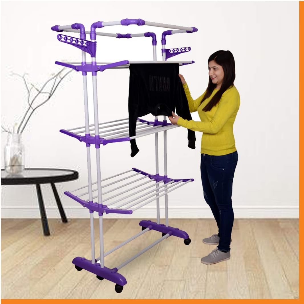 Magna Homewares Heavy Duty Steel 4 Layers 4 Poles Super Grandis Cloth Drying Stand/Clothes Dryer Stands/Laundry Racks/Cloth Drying Hanger for Balcony/Indoor/Outdoor with Wheels-Purple