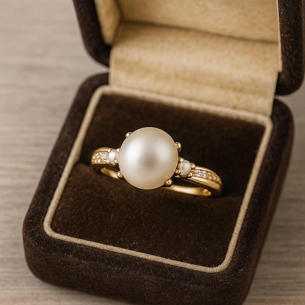 Round Freshwater Pearl Engagement Ring for Women 14K Yellow Gold Dainty Pearl Ring with Side Stones Vintage Bridal Wedding Promise Ring Classic Anniversary Jewelry Gift
